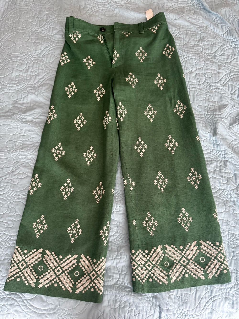 Zara Green Wide-Leg Trousers with Cream Embroidery